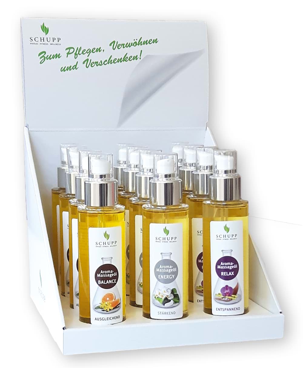 Display Aroma-Massageöle, Je 4 x 100ml der Sorte Balance Relax Energy